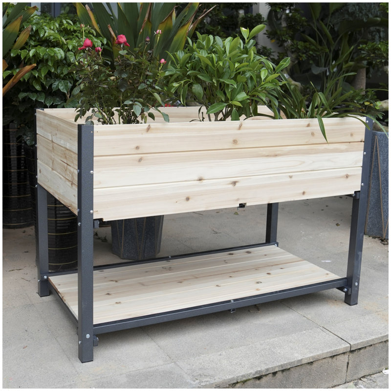 Boîte à fleurs surélevée pour jardin avec pieds et tablette de rangement, H 29,27 po x l 44,95 po x P 23,35 po, Naturel/noir
