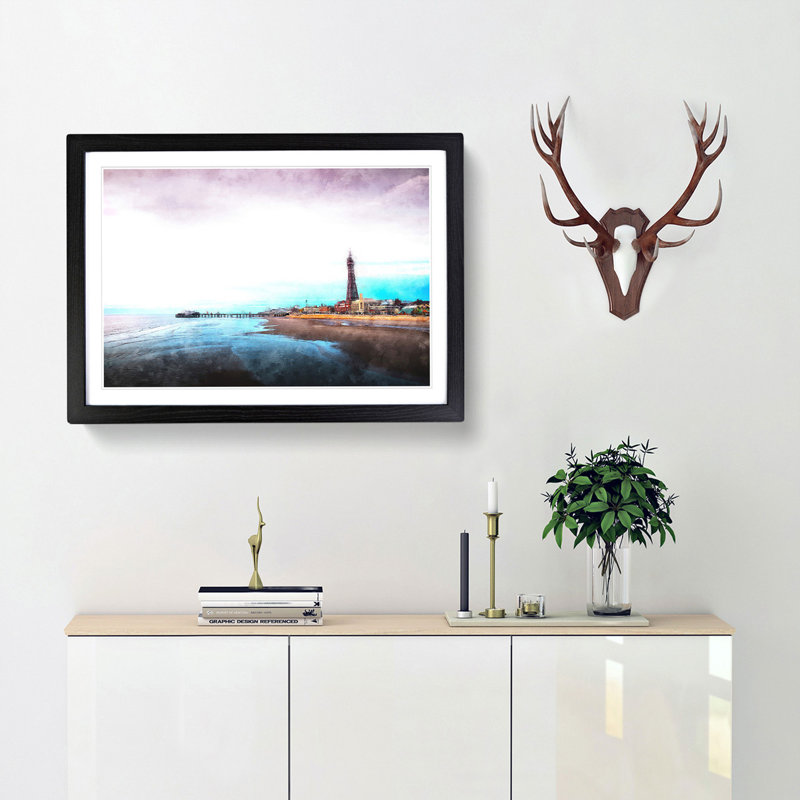 Blackpool Tower & Beach Painting - Single Picture Frame Print on MDF, Black, 62cm H x 87cm W x 2cm D