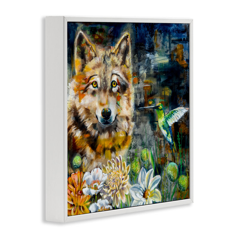 Magnifique loup et colibri, estampe numérique par Linda McClure, Estampe numérique encadrée blanc bord de mer