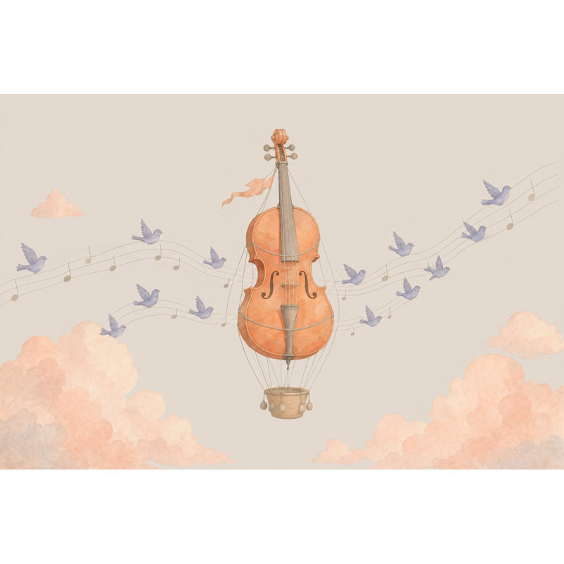 Papier peint mural aquarelle représentant un violon et une montgolfière, avec un ciel aquarellé., 200"x120"
