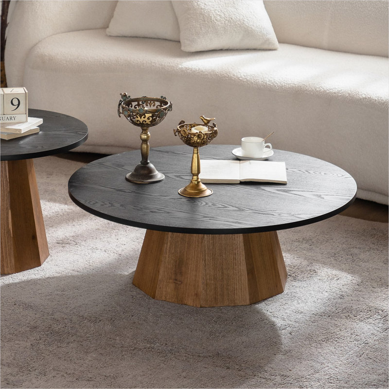 Table basse ronde avec placage en écorce véritable et base à piédestal, noir mat, 35 pouces, pour le salon