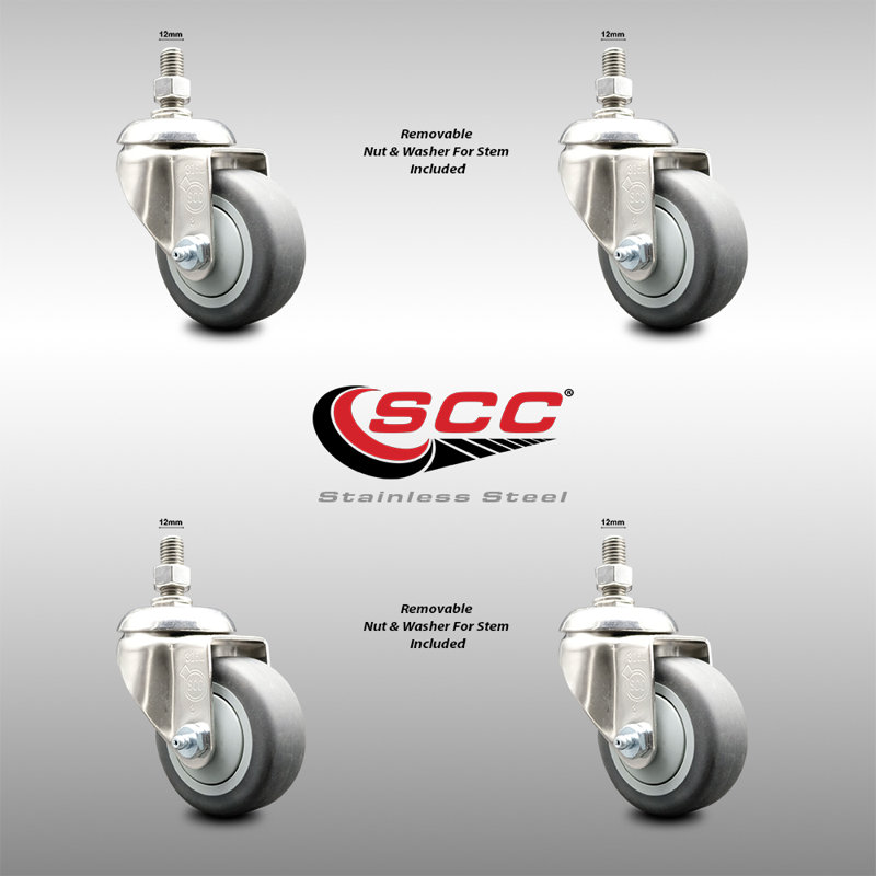 316SS Thermoplastic Rubber Wheel Swivel Threaded Stem Caster Set, 3.5" diameter