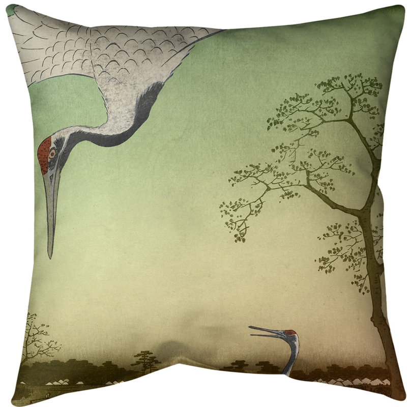 Housse de coussin Japanese Cranes Euro, Vert / dégradé orange, Polyester filé
