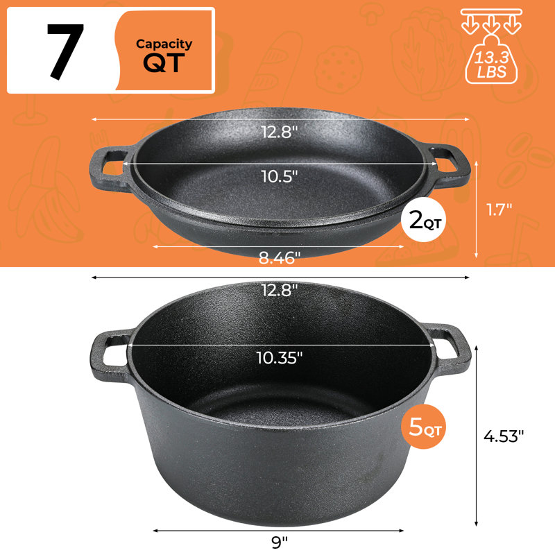 Pirecart 7 Qt 2 In 1  Cast Iron Dutch Oven Pot, Pre-seasoned Pot And Skillet As A Lid , For Oven, Stove, Grill, Campfire