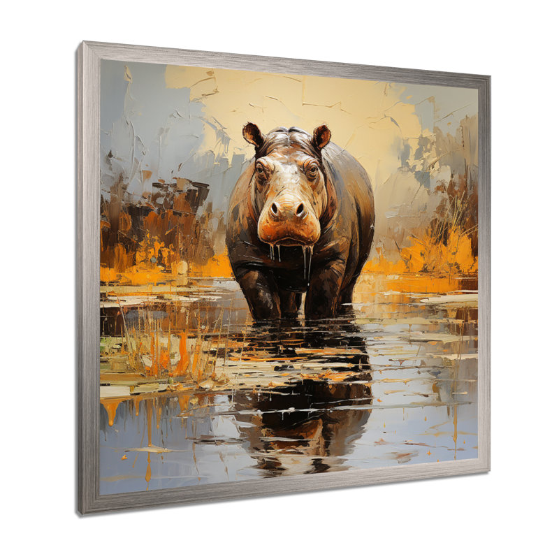 Hippopotame roi 5 - Hippopotame, art mural de salon, Cadre simple argenté, H 36 po x l 36 po x P 1,5 po