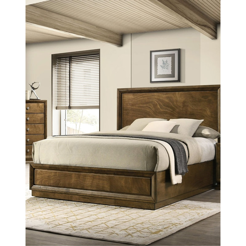 Lit double pour chambre à coucher, style transitionnel, cadre de lit en bois d'hévéa massif noyer, placage, bois d'ingénierie, pièce décorative de beauté, cadre de lit, bois