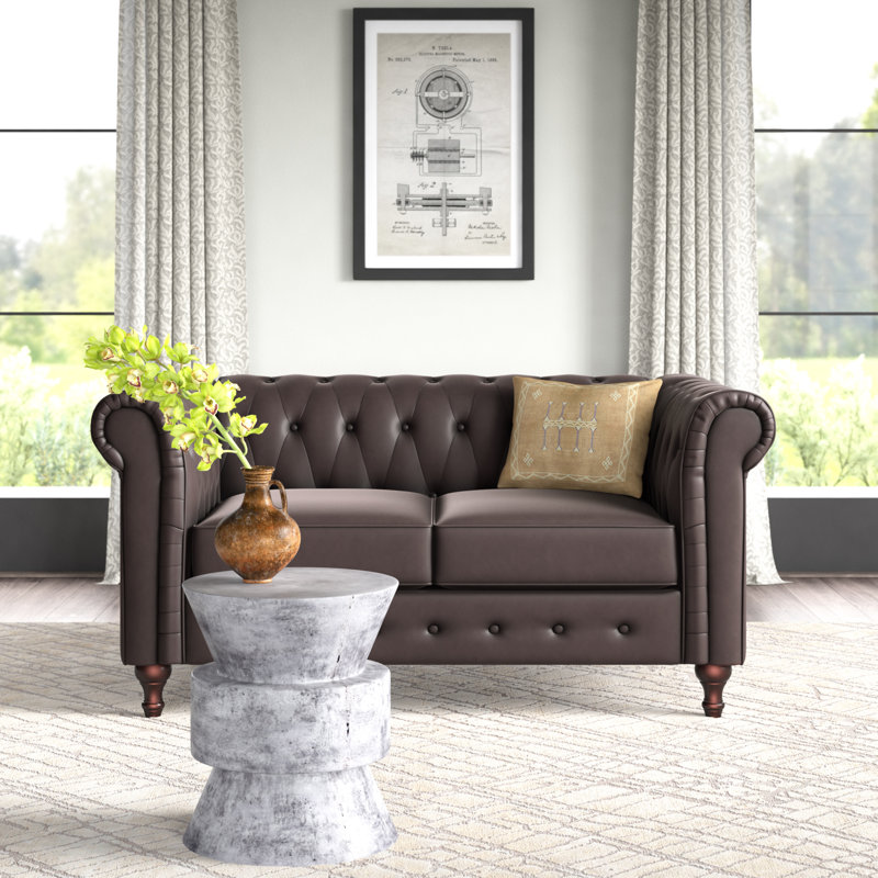 Ariclia 61.02" Round Arm Chesterfield Loveseat, Brown Faux Leather