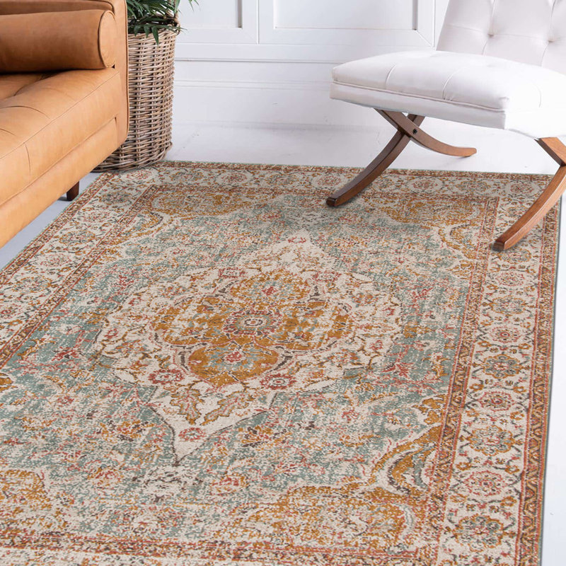 Tapis oriental bleu tissé à la machine 5 pi x 7 pi avec frange