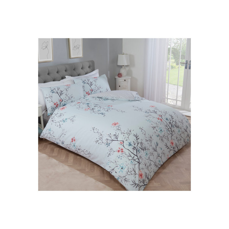 Boone Polyester Floral Duvet Cover Set with Pillowcases, Duck Egg, Super King - 2 Standard Pillowcases