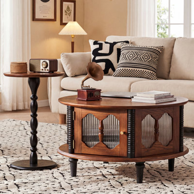 Luxury Vintage Walnut Coffee Table Set, Eco-Friendly Water-Based Paint, Thickened glass & Solid Wood Construction