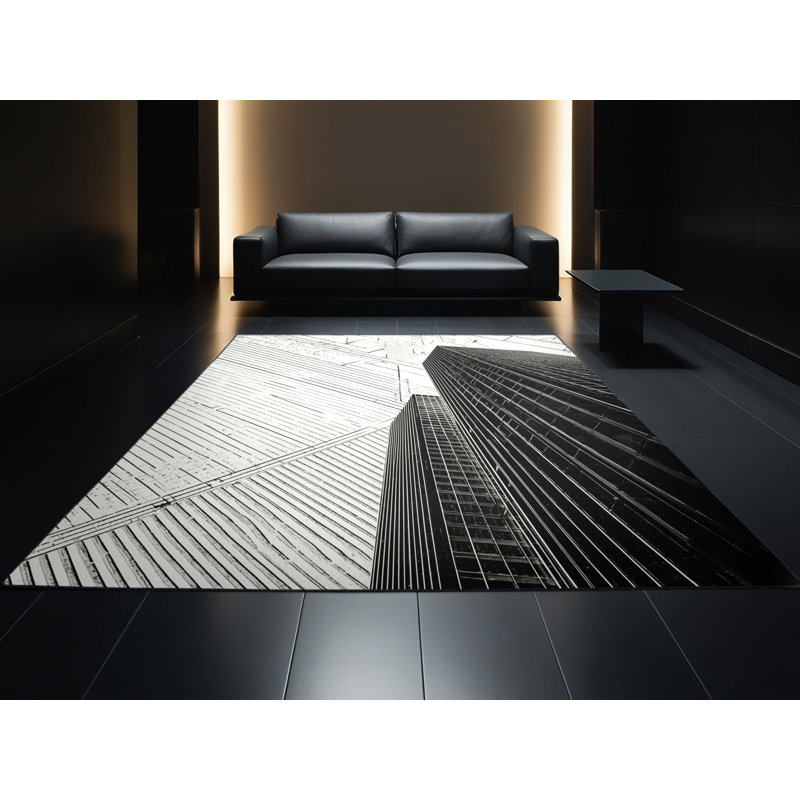 Machine Washable Paizlei Tokyo Cityscape Modern Geometric Rug in White – Black Binding, 4x6