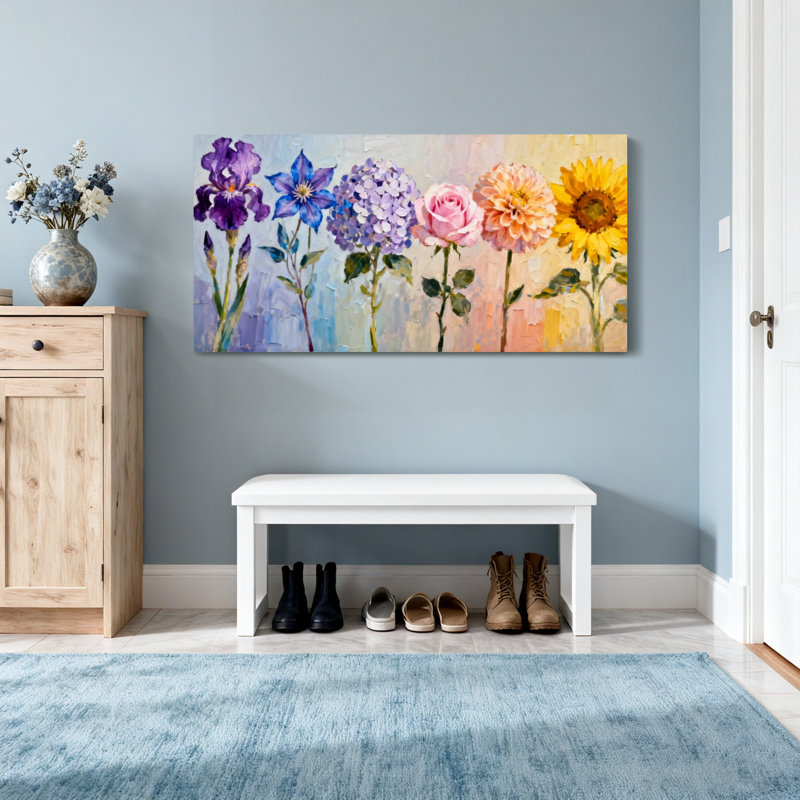 Plantes et fleurs, fleurs colorées sur toile, H 20 po x l 40 po