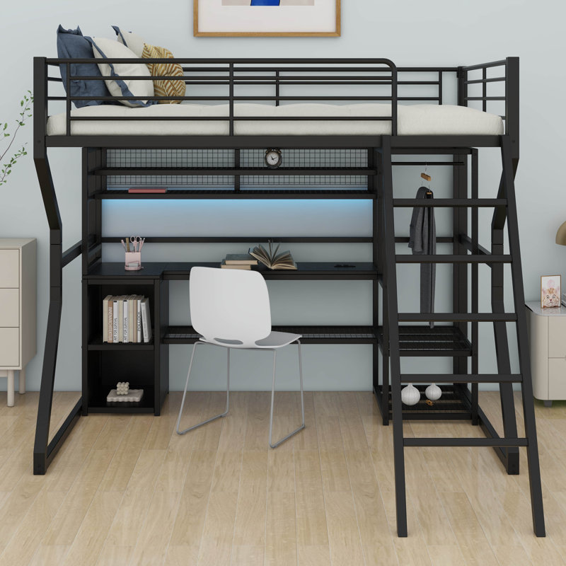 Lit mezzanine double en métal avec bureau et rangement intégrés, cadre de lit de jeu en métal peu encombrant avec lumières DEL, garde-robe ouverte et station de charge