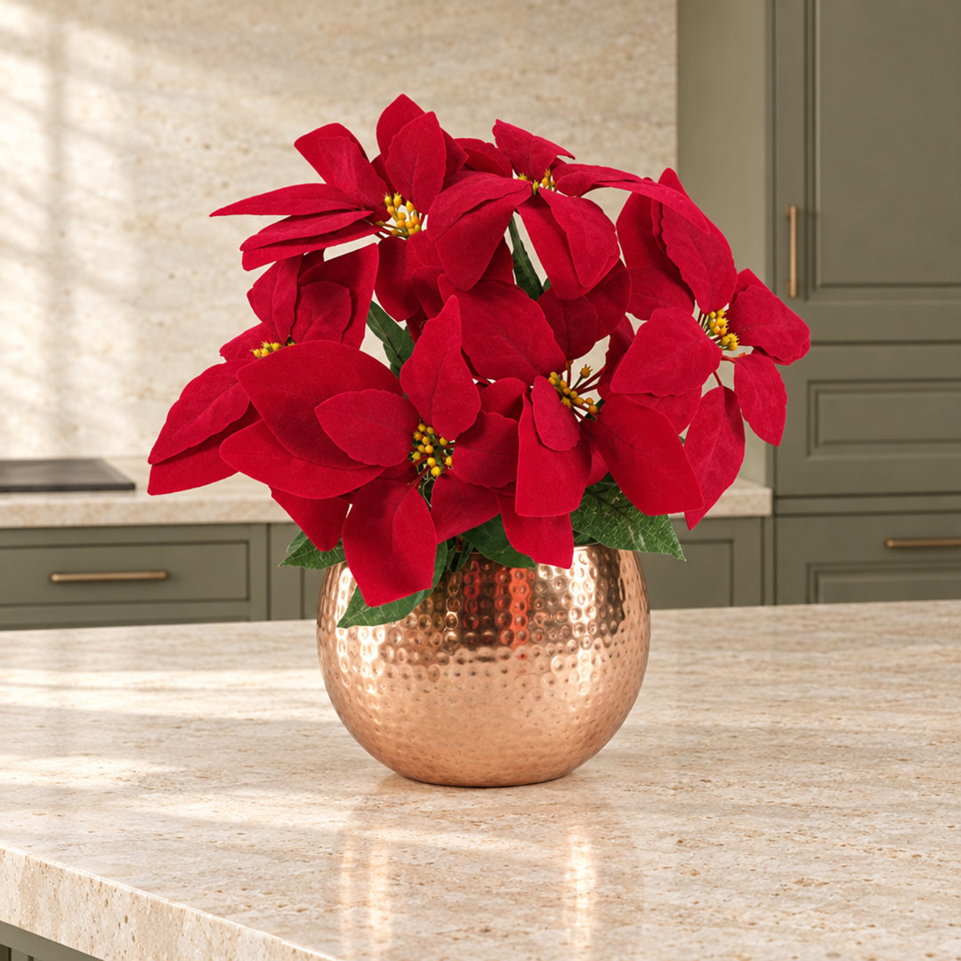Leaf Red Poinsettia Artificial Plant - 40cm - Copper Hammered Metal Planter - Image 6