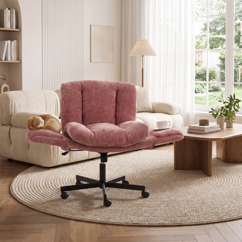 Chaise de bureau pivotante en chenille avec accoudoirs convertibles et coussin double pour bureau à domicile, crème, Rose