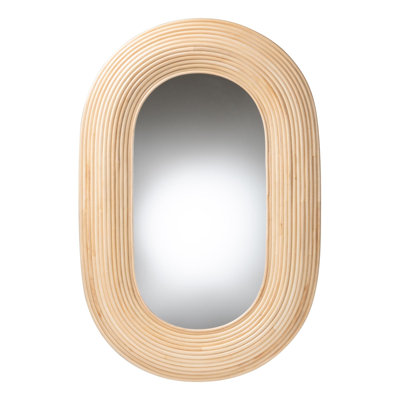 Modern Bohemian Natural Brown Rattan Oval Accent Wall Mirror