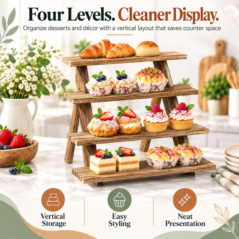 Wooden Cupcake Display Stand, 4 Tier Retail Countertop Display Shelf