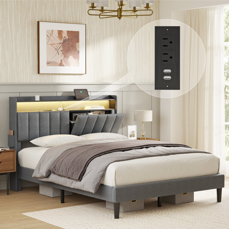 Neavins Bed Frame with Storage Headboard & LED Light, Upholstered Bed Frame with Charging Station, Full