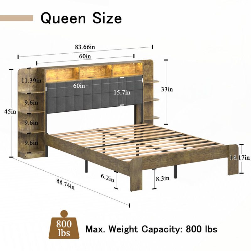 Platform Bed with Storage and Linen Headboard with Bookcase Shelves