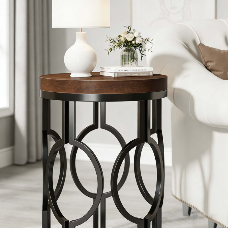 Table d'appoint ronde avec structure creuse en métal, Brun rustique