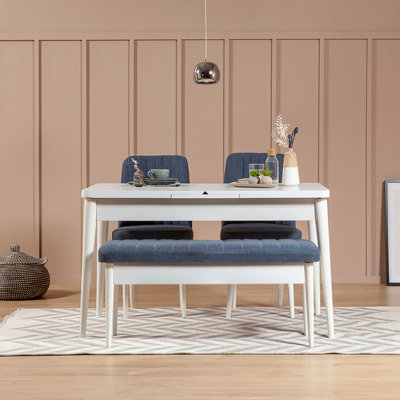 Modern Extendable Dining Table & Chairs Set (4 Pieces) | White & Dark Blue | 100% Melamine Coated Particle Board, Table: 50.8 x 29.5 x 31.5 in (Open: 64.2 in) | Linen Upholstered Chairs, Hornbeam Legs, Stylish & Functional Design