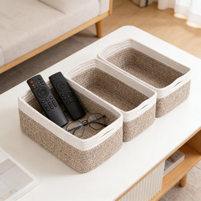 Woven Rope Storage Baskets 3-Pack, Collapsible Organizer Bins For Shelves, Closet, And Home Organization, Rectangular Decorative Baskets For Towels, Toys, And Essentials