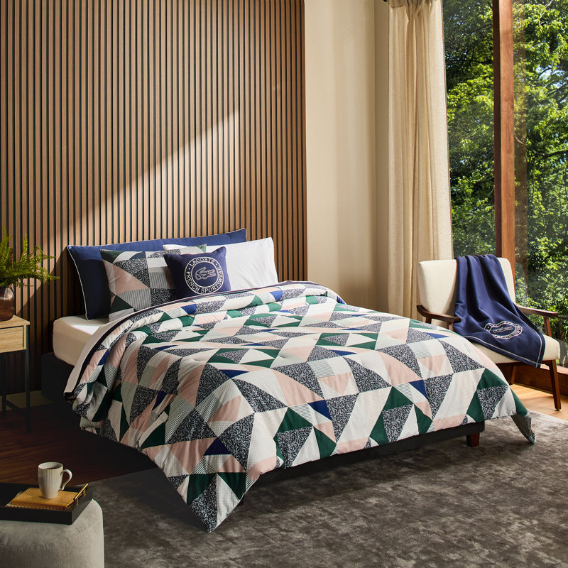Lacoste Signature Cotton Twin 2-Piece Multi-Color Comforter Set, Twin Comforter + 1 Sham, Multi/Signature