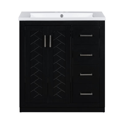 Meuble-lavabo de salle de bain 30 po avec lavabo en résine - combinaison de 3 tiroirs en bois massif de style rétro noir