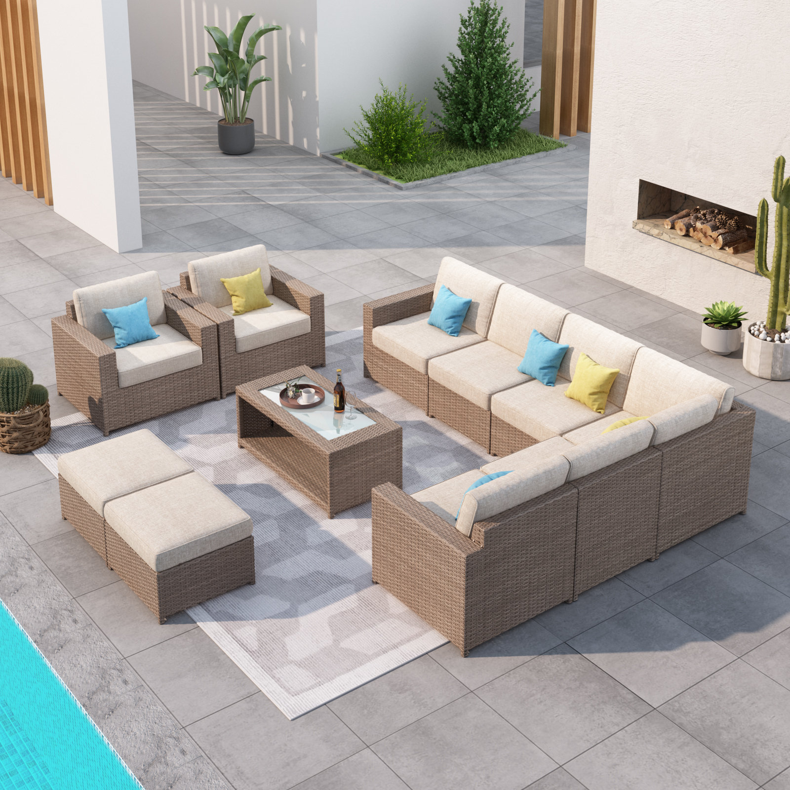 Amberson Fully Assembled 10 - Person Outdoor Sectional Seating Group with Cushions