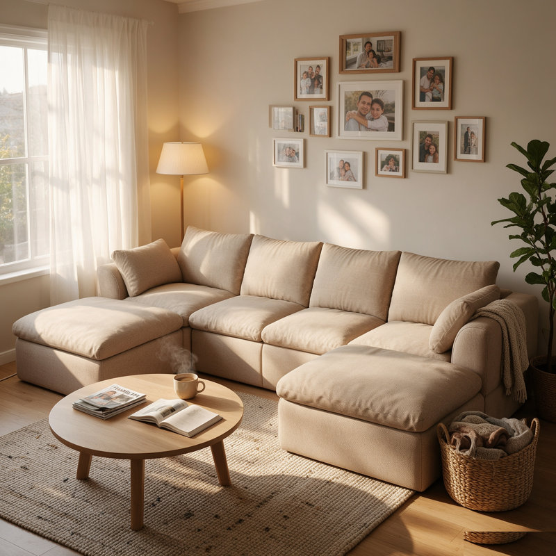 Canapé d'angle 4 places en lin kaki avec 2 poufs, canapé modulaire rembourré