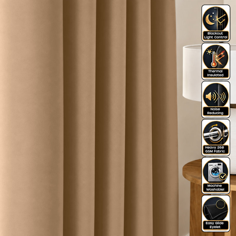 260 GSM Thermal Blackout Eyelet Curtains, 228cm Width x 228cm Drop, Beige