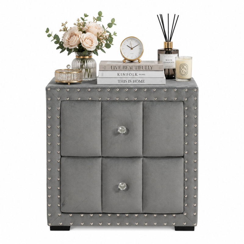 Table de chevet rembourrée à 2 tiroirs avec garniture cloutée pour la chambre à coucher, aucun assemblage requis, Gris