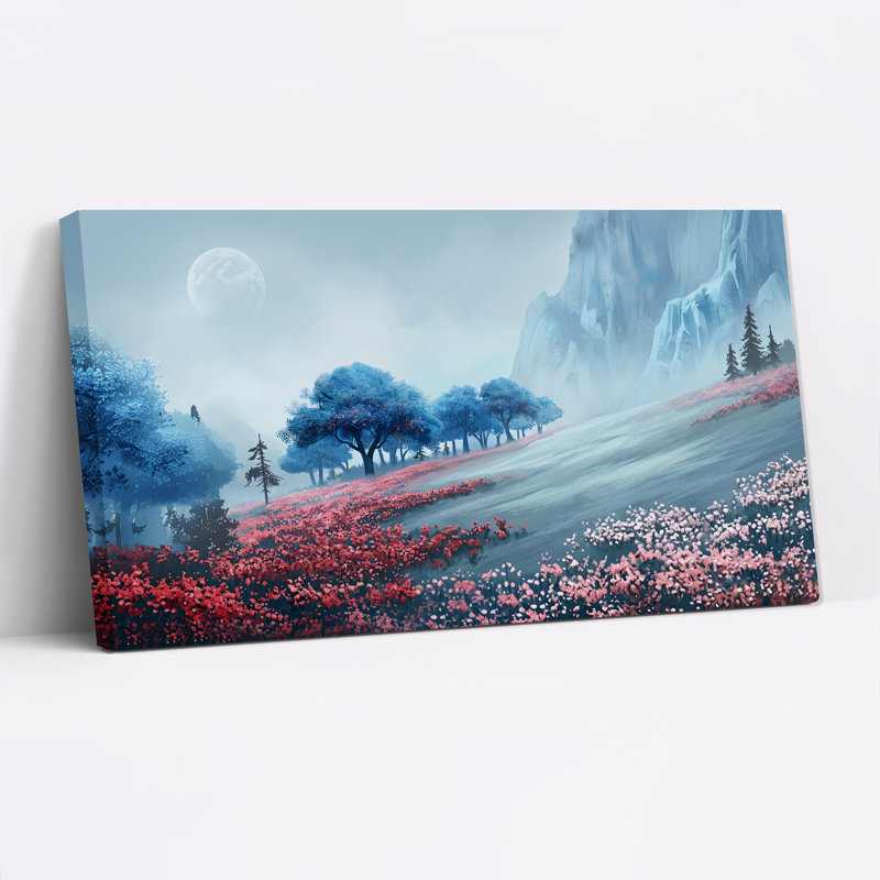 Toile rose sur fond de fleur rose, arbres bleus, montagne brumeuse au clair de lune, L 32 po x H 16 po