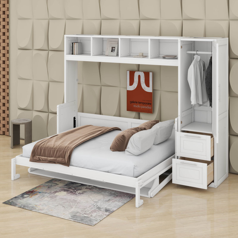 Grand lit escamotable avec placard et tiroirs, Blanc