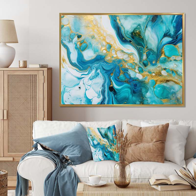 Turquoise de luxe abstrait, art fluide, impression sur toile abstraite, Cadre flottant doré, H 30 po x l 40 po x P 1,5 po