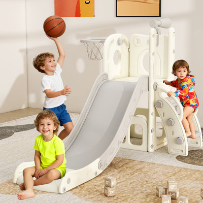 Toddler slide and climber for ages 1-3, L-shaped indoor outdoor playset with basketball hoop, storage, and telescope