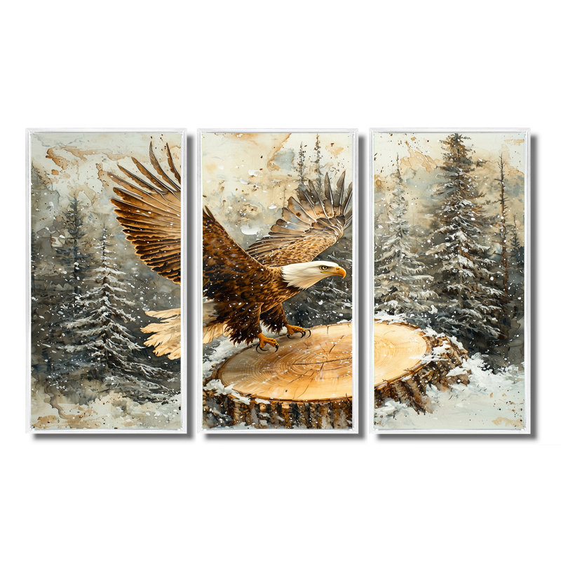 Aigle vol du chasseur en hiver II - Art mural aigle - ensemble de 3, H 28 po x l 36 po, Blanc