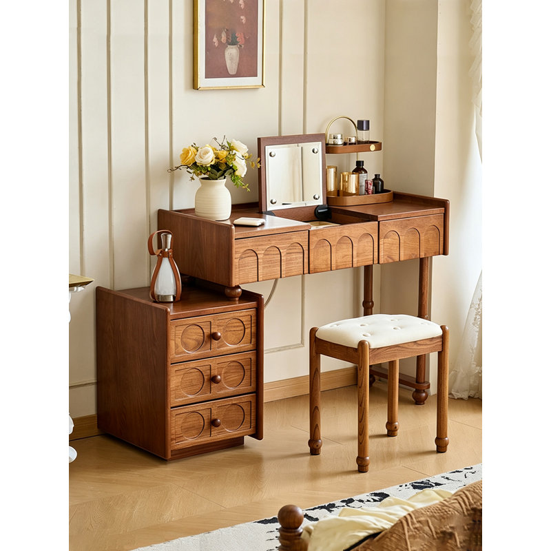 Ensemble de coiffeuse vintage en bois avec miroir rabattable