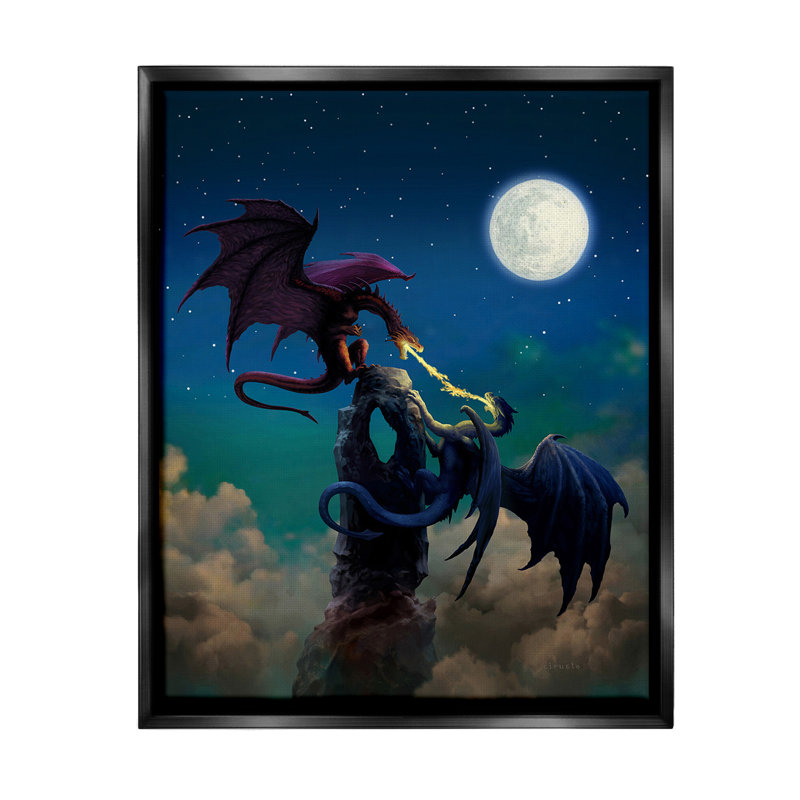 "Battling Dragons At Night" par Ciruelo sur toile, H 31 po x l 25 po, Cadre flottant noir de jais