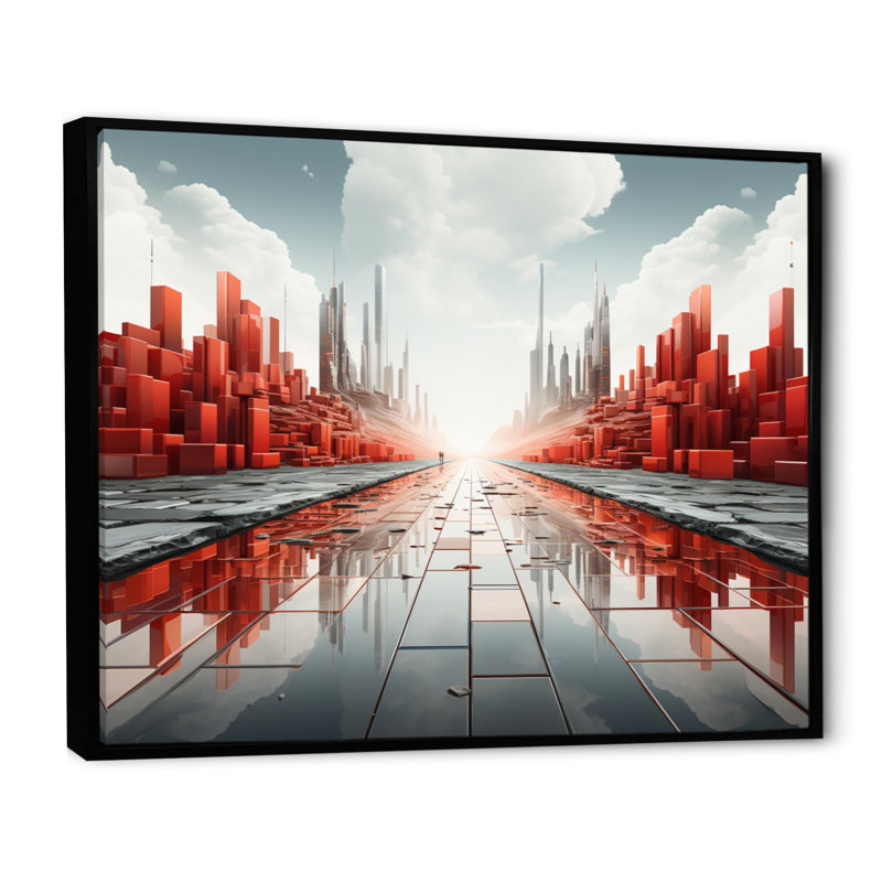 Abstrait paysage urbain futur II sur toile, Cadre flottant noir, H 24 po x l 32 po