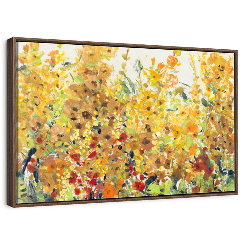 Golden Summer Garden I, 43 po x 29 po, Cadre flottant en noyer