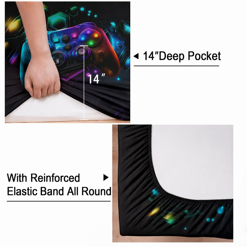 Sheet Set, Twin Sheet Set with 1 Pillowcase, Game Controller Neon