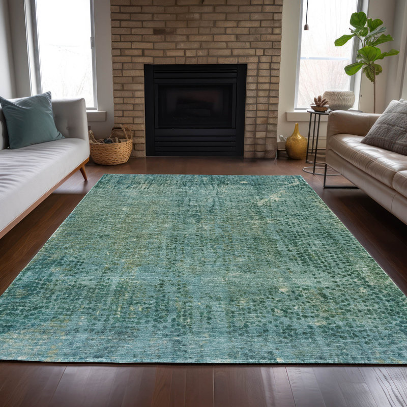 Tapis bleu sarcelle lavable à la machine intérieur / extérieur Xhevrie, Rectangle 2 pi 6 po x 3 pi 10 po