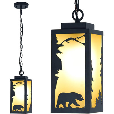 Luminaire suspendu d'extérieur pour hall d'entrée, abat-jour ambre chaleureux de conception ours, chaîne réglable de 48 po, E26 imperméable 60 W, luminaire suspendu d'extérieur noir mat rustique, pour abri de jardin, cour, 1 paquet