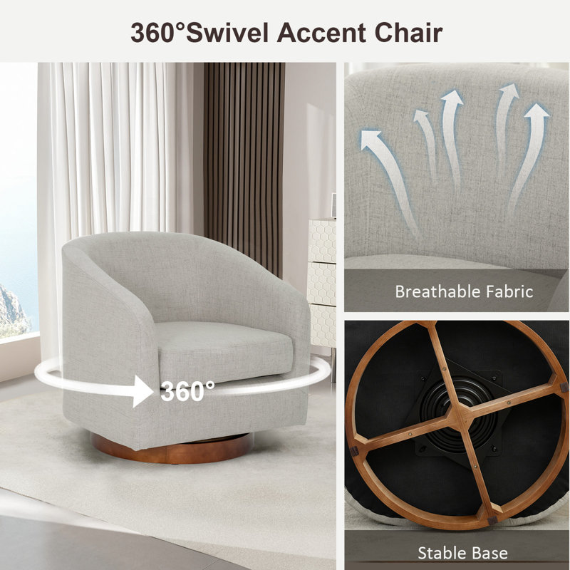 31″ Upholstered Swivel Barrel Chair, Fabric Accent Chair For Living Room, Bedroom, Gray