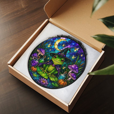 Witch Frog On Lily Stained Glass Panels Suncatcher for Window Decor
