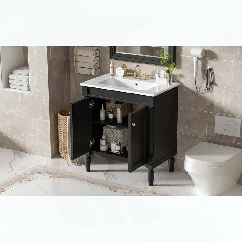 Meuble-lavabo avec lavabo en céramique, deux portes à fermeture douce, pieds en bois massif et tablette réglable, noir, Black
