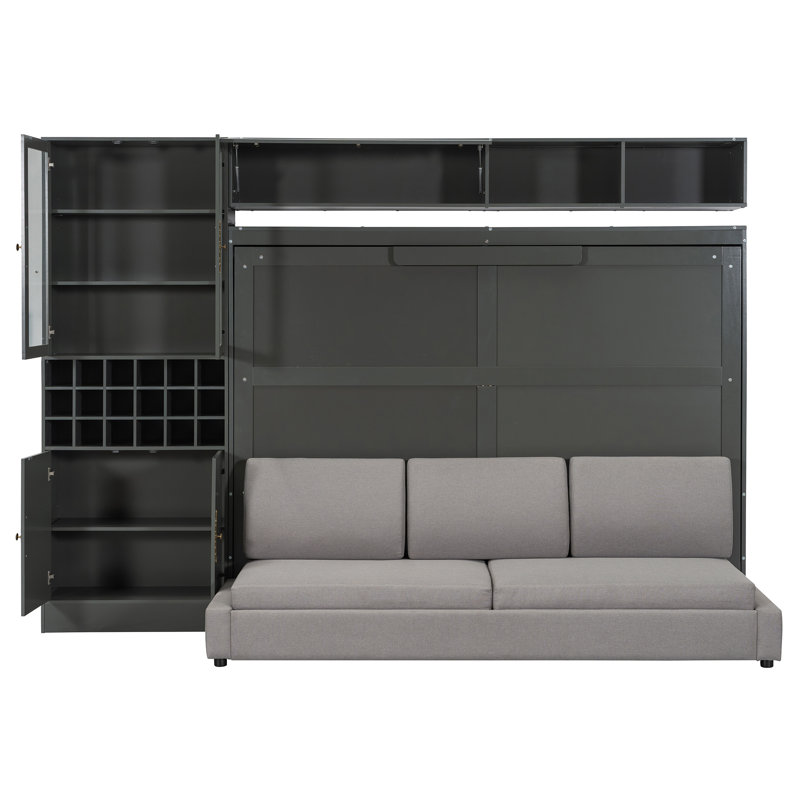 Grand lit escamotable mural avec canapé, tablettes USB et gris clair, gris, Gris