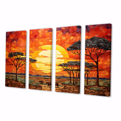 Savannah Sunset in African Safari Hues II - Boho Mosaic, 4 pièces d'art mural pour le salon