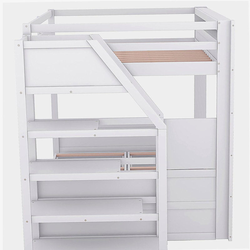 Lit en bois avec escalier de rangement, table de chevet, Blanc